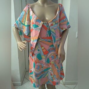 NWT DOKOTOO Multicolor Abstract Flutter Sleeve Dress SZ.MED FRONT FLAPS SMOCK BK